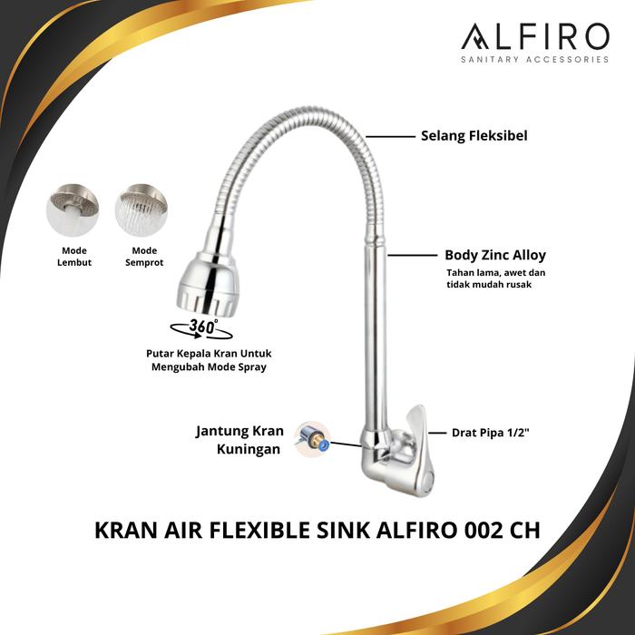 Kran Flexible Sink Alfiro 002 CH – Leher Fleksibel, Chrome, 2 Mode Semprot, Kuat.
