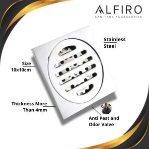 Floor Drain Alfiro - Saringan Kamar Mandi Stainless (10x10) Anti Bau & Serangga, Tebal 44mm